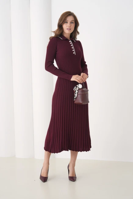 Kadın Polo Yaka Düğme Detay Kaşkorse Uzun Triko Elbise