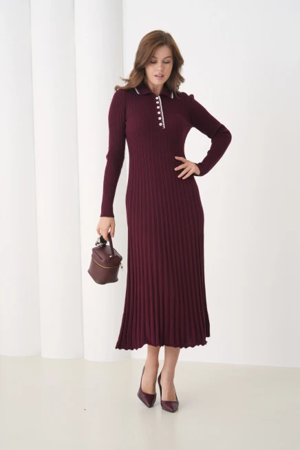 Kadın Polo Yaka Düğme Detay Kaşkorse Uzun Triko Elbise