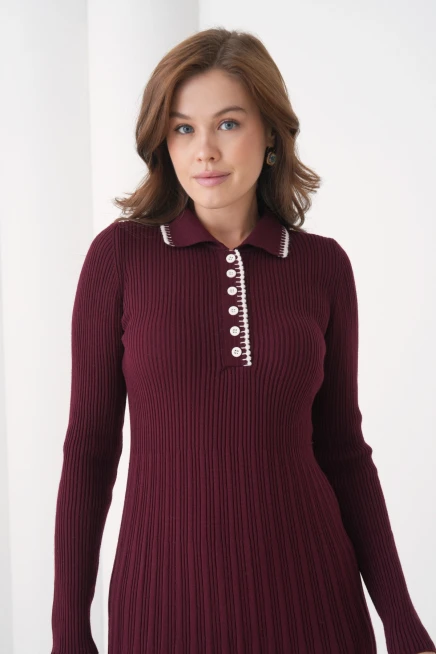 Kadın Polo Yaka Düğme Detay Kaşkorse Uzun Triko Elbise