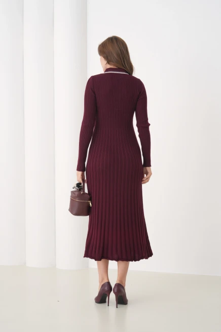 Kadın Polo Yaka Düğme Detay Kaşkorse Uzun Triko Elbise