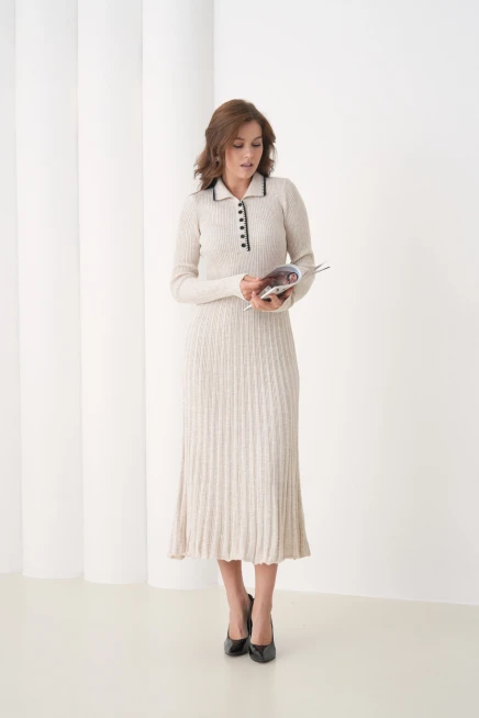 Kadın Polo Yaka Düğme Detay Kaşkorse Uzun Triko Elbise