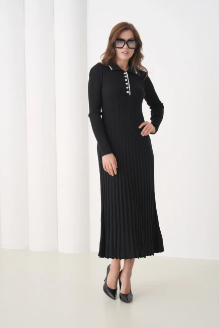 Kadın Polo Yaka Düğme Detay Kaşkorse Uzun Triko Elbise