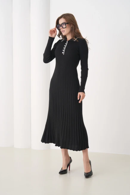 Kadın Polo Yaka Düğme Detay Kaşkorse Uzun Triko Elbise