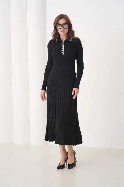 Kadın Polo Yaka Düğme Detay Kaşkorse Uzun Triko Elbise