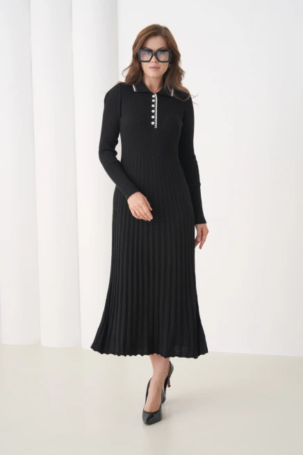 Kadın Polo Yaka Düğme Detay Kaşkorse Uzun Triko Elbise