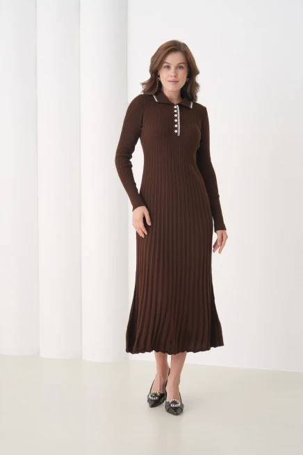 Kadın Polo Yaka Düğme Detay Kaşkorse Uzun Triko Elbise