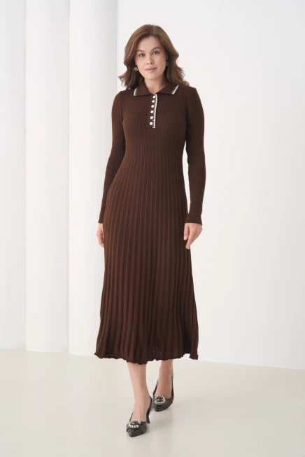 Kadın Polo Yaka Düğme Detay Kaşkorse Uzun Triko Elbise