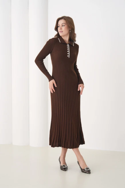 Kadın Polo Yaka Düğme Detay Kaşkorse Uzun Triko Elbise