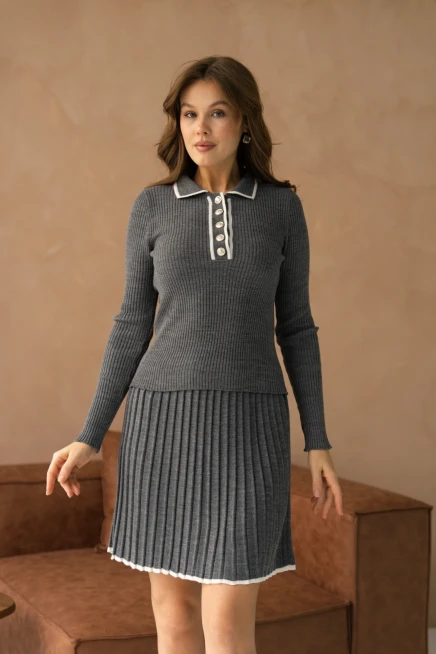 Kadın Polo Yaka Düğme Detay Kazak Etekli İkili Triko Takım