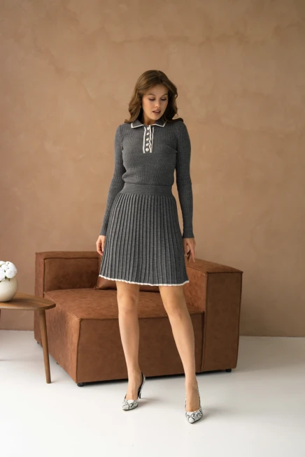 Kadın Polo Yaka Düğme Detay Kazak Etekli İkili Triko Takım