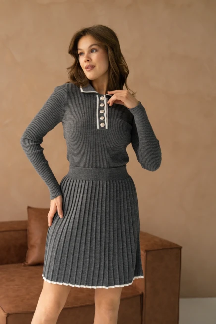 Kadın Polo Yaka Düğme Detay Kazak Etekli İkili Triko Takım