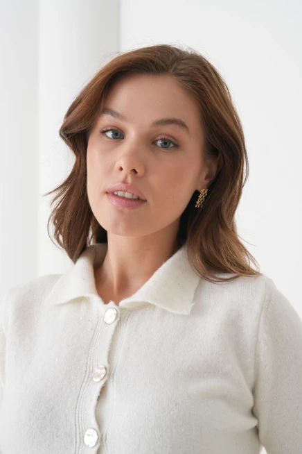 Kadın Polo Yaka Düğme Detay Kısa Kol Simli Triko Hırka