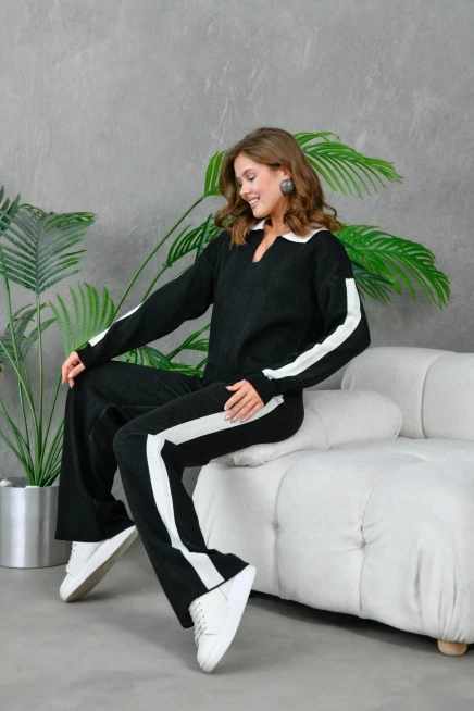 Kadın Polo Yaka Garnili Oversize Kazak Pantolon Alt-Üst Triko Takım