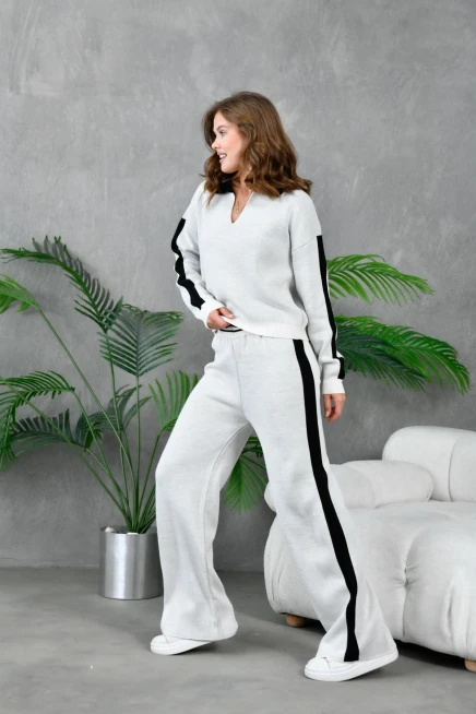 Kadın Polo Yaka Garnili Oversize Kazak Pantolon Alt-Üst Triko Takım