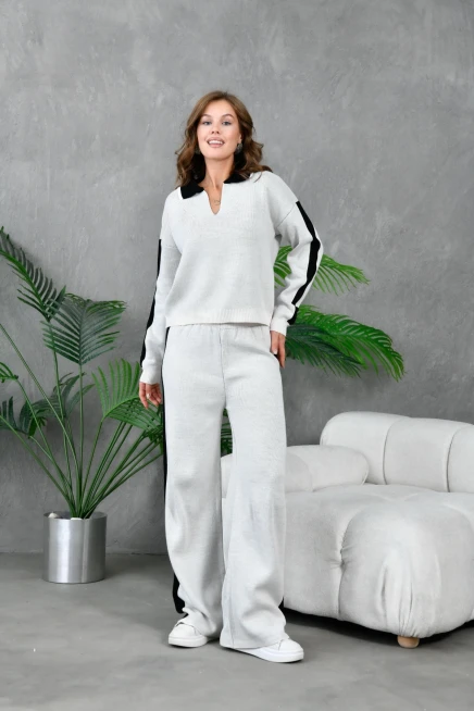 Kadın Polo Yaka Garnili Oversize Kazak Pantolon Alt-Üst Triko Takım