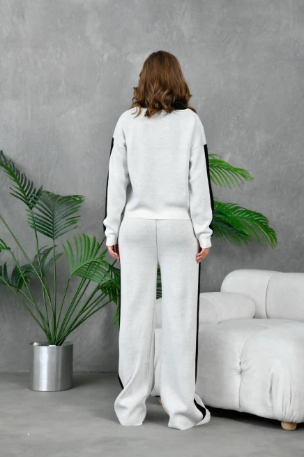 Kadın Polo Yaka Garnili Oversize Kazak Pantolon Alt-Üst Triko Takım