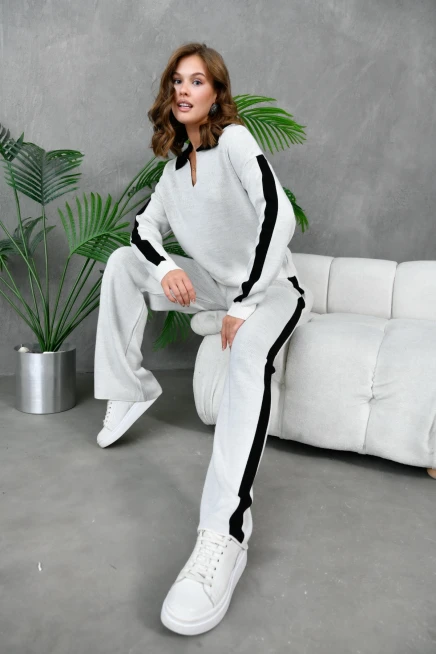 Kadın Polo Yaka Garnili Oversize Kazak Pantolon Alt-Üst Triko Takım