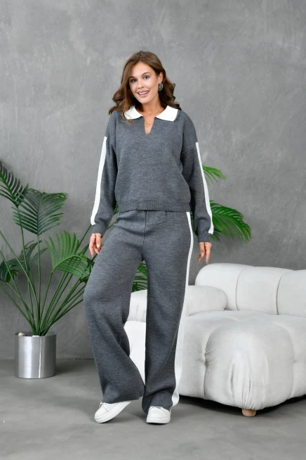 Kadın Polo Yaka Garnili Oversize Kazak Pantolon Alt-Üst Triko Takım