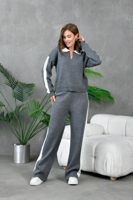 Kadın Polo Yaka Garnili Oversize Kazak Pantolon Alt-Üst Triko Takım