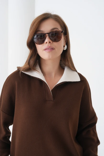 Kadın Polo Yaka Garnili Yumuşak Dokulu Triko Kazak