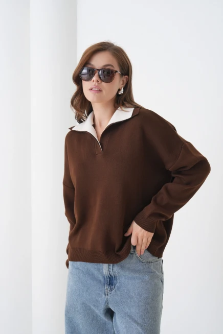 Kadın Polo Yaka Garnili Yumuşak Dokulu Triko Kazak