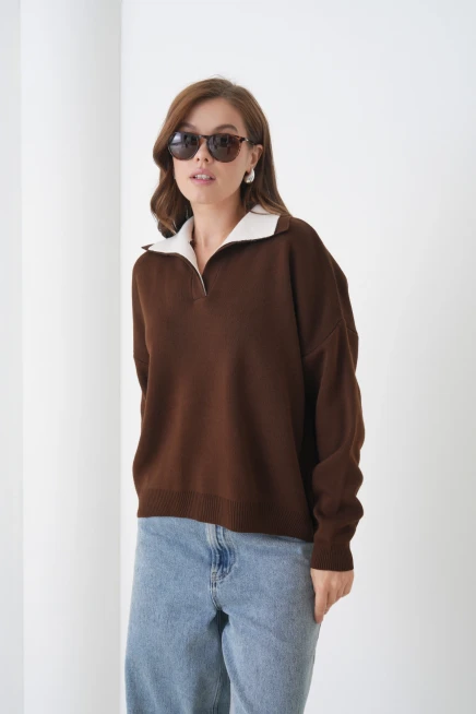 Kadın Polo Yaka Garnili Yumuşak Dokulu Triko Kazak