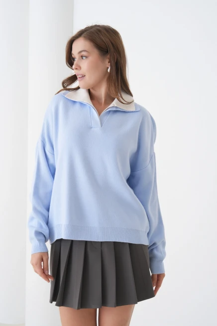 Kadın Polo Yaka Garnili Yumuşak Dokulu Triko Kazak