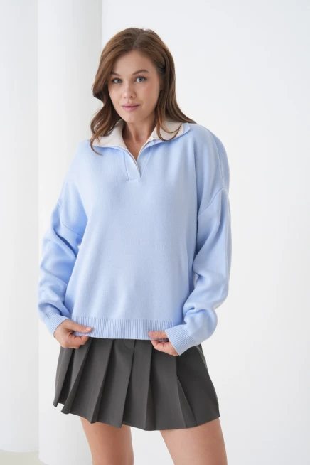 Kadın Polo Yaka Garnili Yumuşak Dokulu Triko Kazak