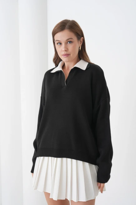 Kadın Polo Yaka Garnili Yumuşak Dokulu Triko Kazak