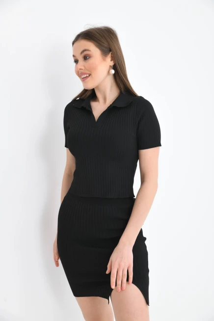 Kadın Polo Yaka Kaşkorse T-Shirt Etek İkil Triko Takım