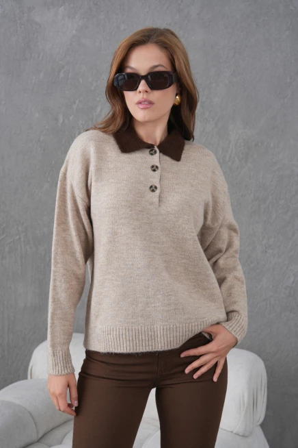 Kadın Polo Yaka Yarım Pat Düğmeli Triko Kazak