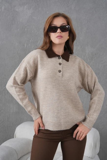Kadın Polo Yaka Yarım Pat Düğmeli Triko Kazak