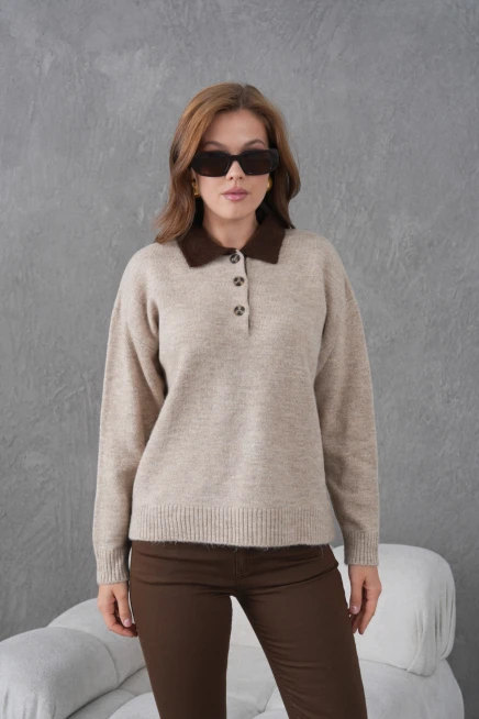 Kadın Polo Yaka Yarım Pat Düğmeli Triko Kazak