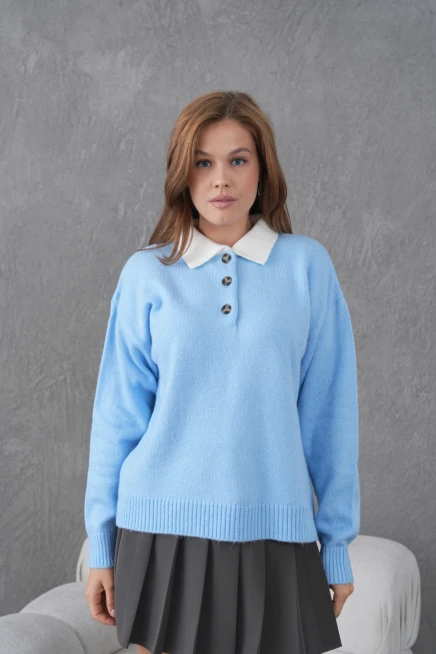 Kadın Polo Yaka Yarım Pat Düğmeli Triko Kazak