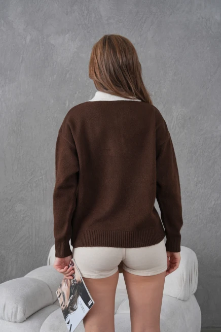 Kadın Polo Yaka Yarım Pat Düğmeli Triko Kazak