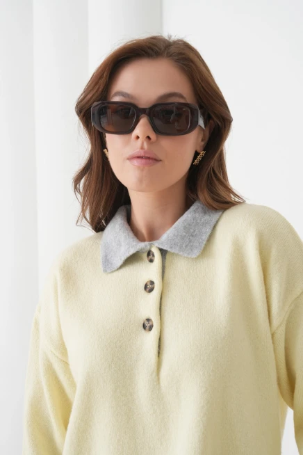 Kadın Polo Yaka Yarım Pat Düğmeli Triko Kazak