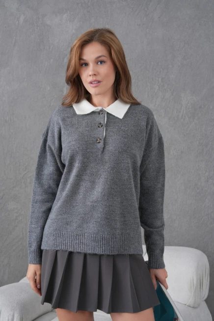 Kadın Polo Yaka Yarım Pat Düğmeli Triko Kazak