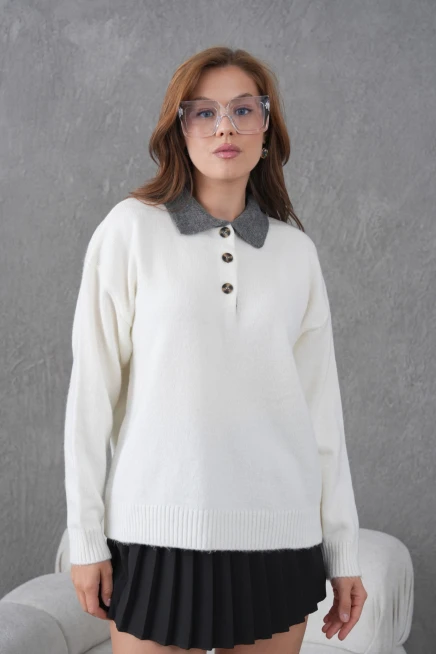 Kadın Polo Yaka Yarım Pat Düğmeli Triko Kazak