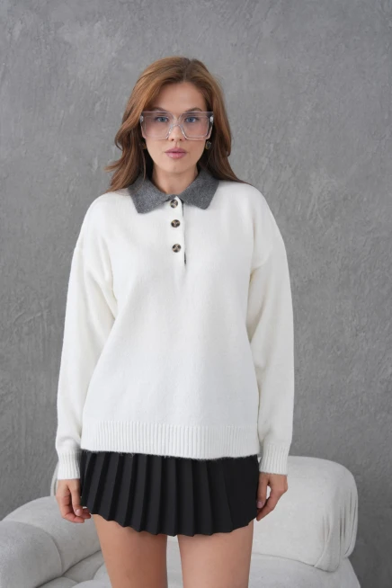 Kadın Polo Yaka Yarım Pat Düğmeli Triko Kazak