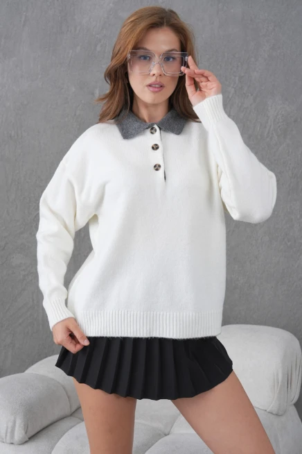 Kadın Polo Yaka Yarım Pat Düğmeli Triko Kazak