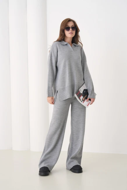 Kadın Polo Yaka Yırtmaçlı Oversize Kazak Palazzo Pantolon Triko Alt-Üst Takım