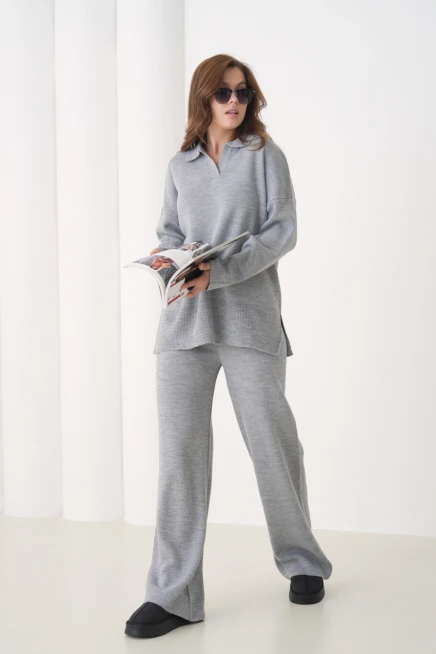 Kadın Polo Yaka Yırtmaçlı Oversize Kazak Palazzo Pantolon Triko Alt-Üst Takım