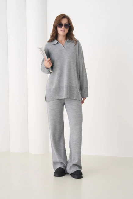 Kadın Polo Yaka Yırtmaçlı Oversize Kazak Palazzo Pantolon Triko Alt-Üst Takım