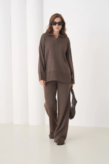 Kadın Polo Yaka Yırtmaçlı Oversize Kazak Palazzo Pantolon Triko Alt-Üst Takım