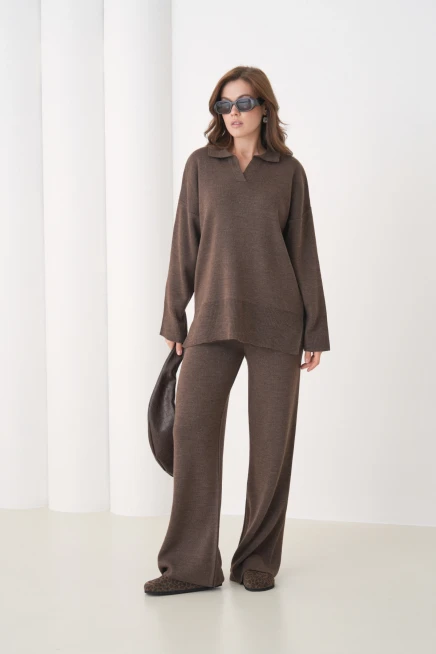 Kadın Polo Yaka Yırtmaçlı Oversize Kazak Palazzo Pantolon Triko Alt-Üst Takım