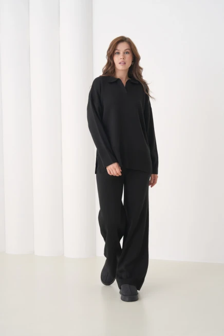 Kadın Polo Yaka Yırtmaçlı Oversize Kazak Palazzo Pantolon Triko Alt-Üst Takım