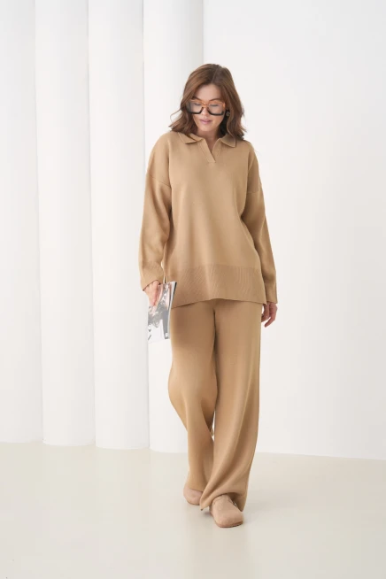 Kadın Polo Yaka Yırtmaçlı Oversize Kazak Palazzo Pantolon Triko Alt-Üst Takım