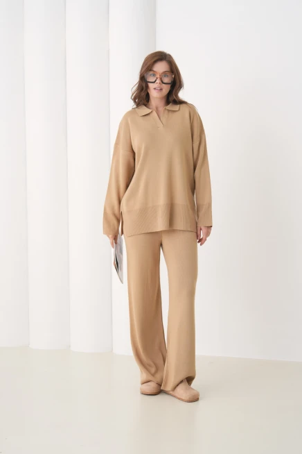 Kadın Polo Yaka Yırtmaçlı Oversize Kazak Palazzo Pantolon Triko Alt-Üst Takım