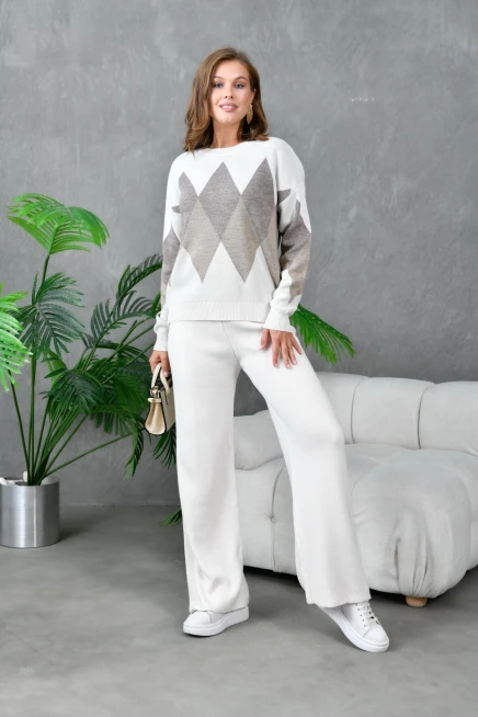 Kadın Taş Bisiklet Yaka Baklava Desenli Kazak Pantolon Triko Alt-Üst Takım