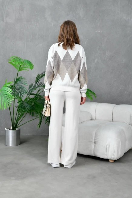 Kadın Taş Bisiklet Yaka Baklava Desenli Kazak Pantolon Triko Alt-Üst Takım